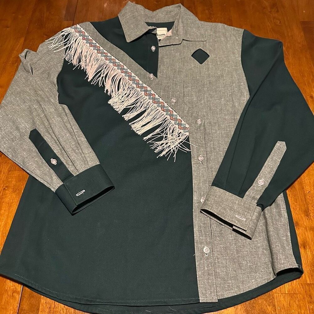 Vintage Gil Adam Women’s Western Button Up Shirt Fringe Cutouts USA Made Green M